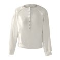 thumbnail image 4 of Breezora Women's Button Crew Neck Sweater Fall Long Sleeve Loose Knit Pullover Top with Lantern Sleeves S Size White, 4 of 6