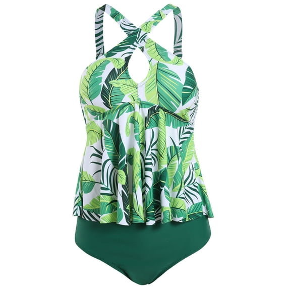 Frontwalk Women Beachwear Floral Print Swimwear Two Pieces Swimming Suit Ladies Plain Swim Tops + Shorts Sleeveless Tankini Sets Green Leaf M