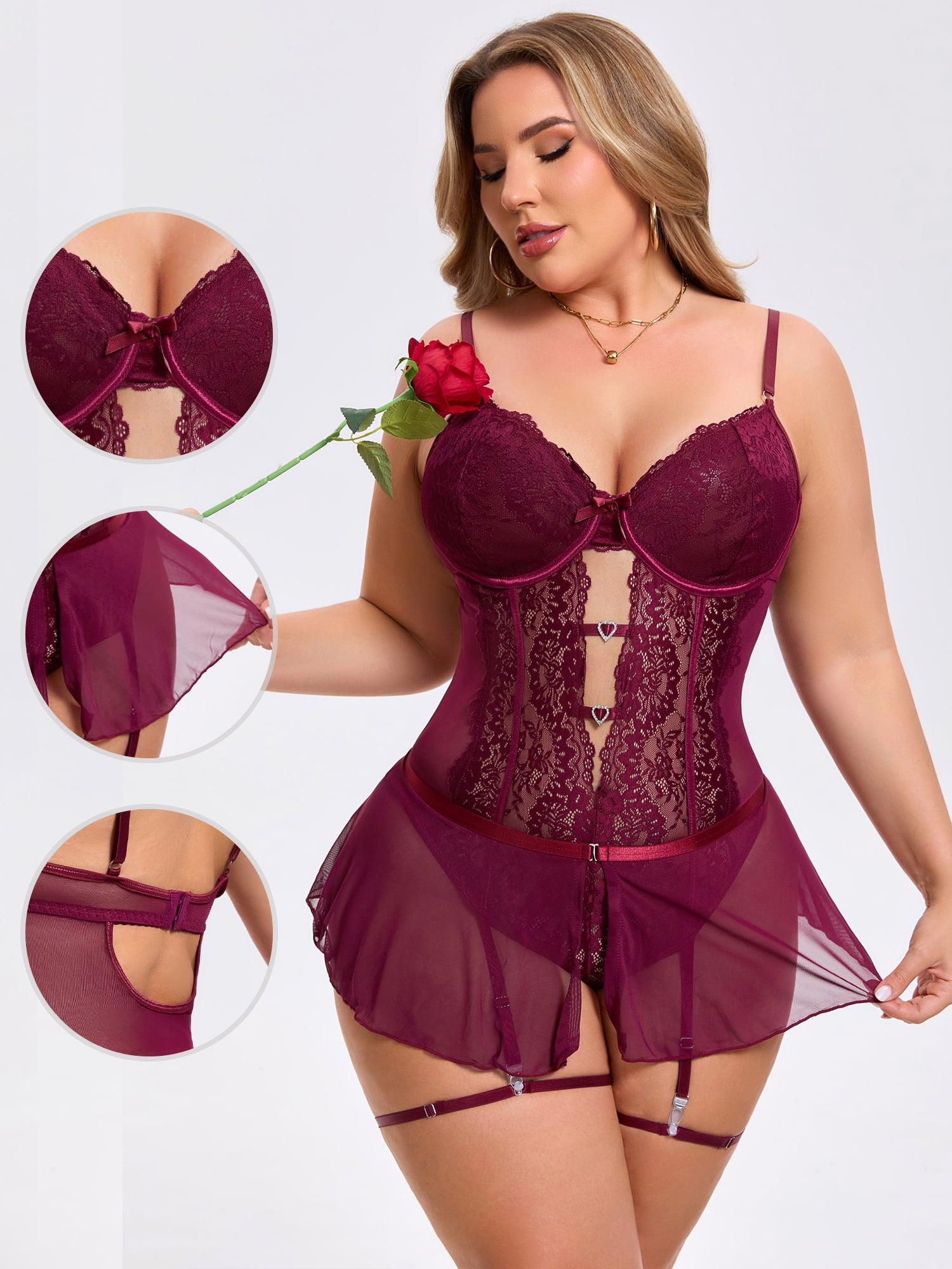 DARING DIVA Women's Cut Out Skirt Bodysuit Underwired Lingerie Set XL Wine Red