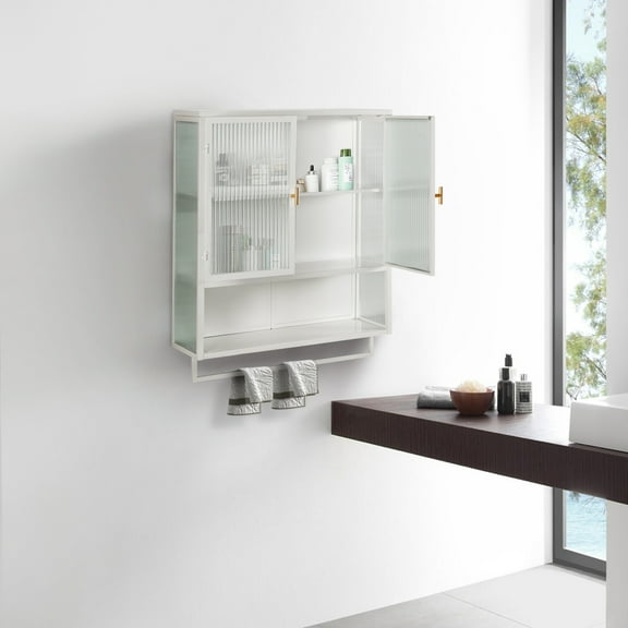 Two-door Wall Cabinet, Modern Kitchen Wall Mounted Cabinet with 2 Glass Doors, Two-tier Enclosed Storage, an Open Shelf, Towel Rack, Metal Wall Cabinet for Entryway, Living Room, Bathroom, White