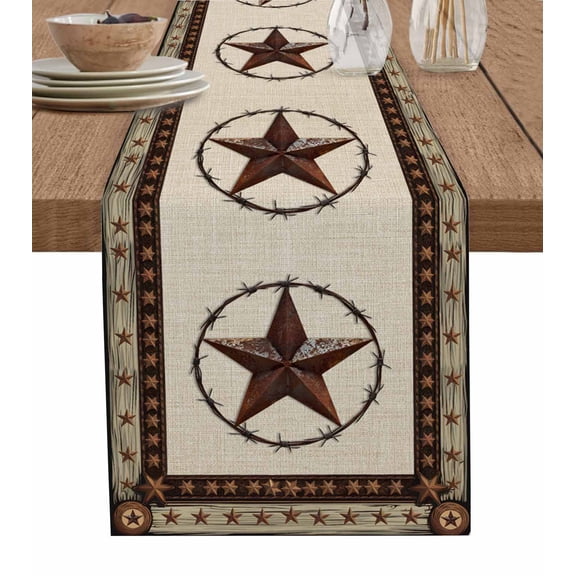 ERUNPONLY Country Texas Star Table Runner - 70 Inch Long Brown Farmhouse Vintage Wooden Cotton and Linen Blended Dress Scarves Farmhouse Table Runner for Kitchen Dining, Coffee Table, 13"x70"