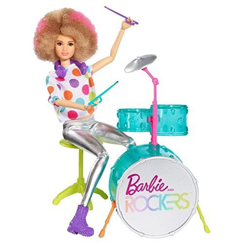 Barbie and the Rockers Doll and Drum Set 2017 Drummer Pink Tan Afro Limited New