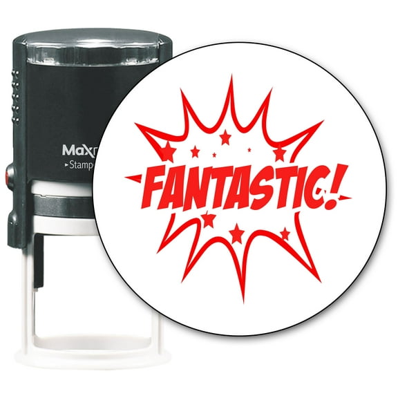 MaxMark Round Teacher Self Inking Stamp - FANTASTIC - Jumbo Series, Style TS318 with Red Ink