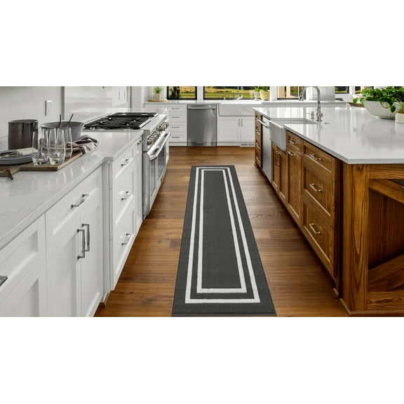 Washable Skid-Resistant Runner Rug, Border, Dark Grey and White, 26" x 96"