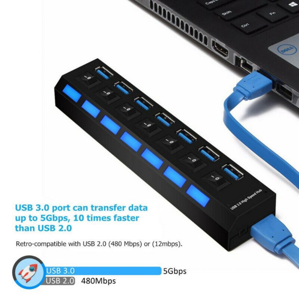USB Hub 3.0 Splitter, 7-Ports USB Adapter with Individual ON/Off Switches and LEDs, Multi-Port USB Data Hub for PC, Mac, Laptop, Surface, and More