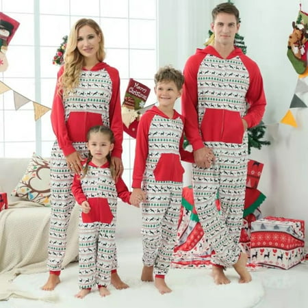 

Family Matching Pyjamas Christmas Festival Onesie Long Hooded Santa Printed Zipper Closure Pants