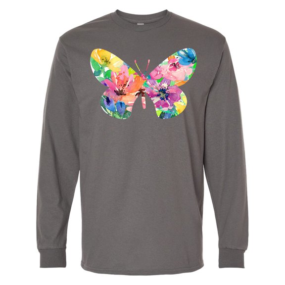 Inktastic Butterfly Shape with Colorful Flowers Long Sleeve T-Shirt