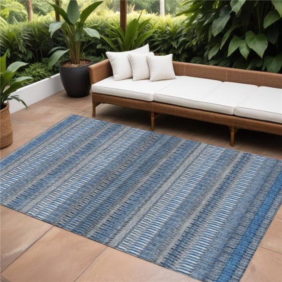HomeRoots 577450 10 x 14 ft. Striped Washable Indoor & Outdoor Rectangle Area Rug, Denim Blue & Ivory