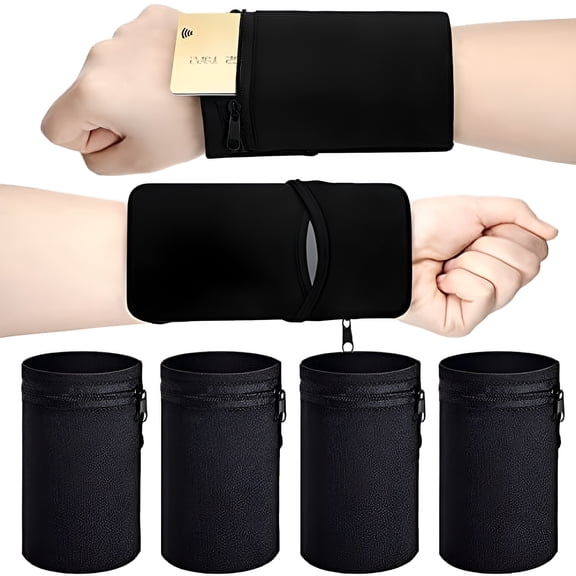 GASTROPOD 4 Pcs Sport Wrist Pocket Pouch, Zipper Wrist Wallet Sweatband with Phone Holder, Running Gym Bag for Keys, ID Cards, and Money, Black