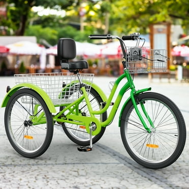 Uforic 26 Inch 1 Speed 3-Wheel Adult Bike with Front & Rear Baskets & Adjustable Seat, Green