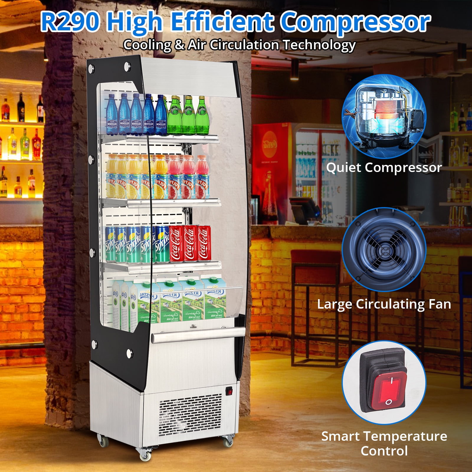 Acekid 220L Commercial Display Refrigerator, Cake Fridge, Double-Layered Glass Door Upright Display Beverage Cooler, Interior LED Lighting