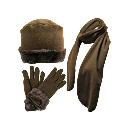 Brown Faux Fur Trim Fleece 3 Piece Hat Scarf & Glove Set