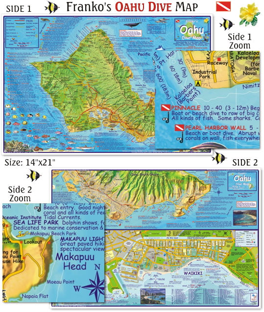 Oahu Hawaii Dive & Snorkeling Guide Laminated Map by Franko Maps 