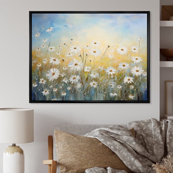 Designart "Dreamy Daisy Meadow III" Flower Field Floater Framed Wall Art Prints