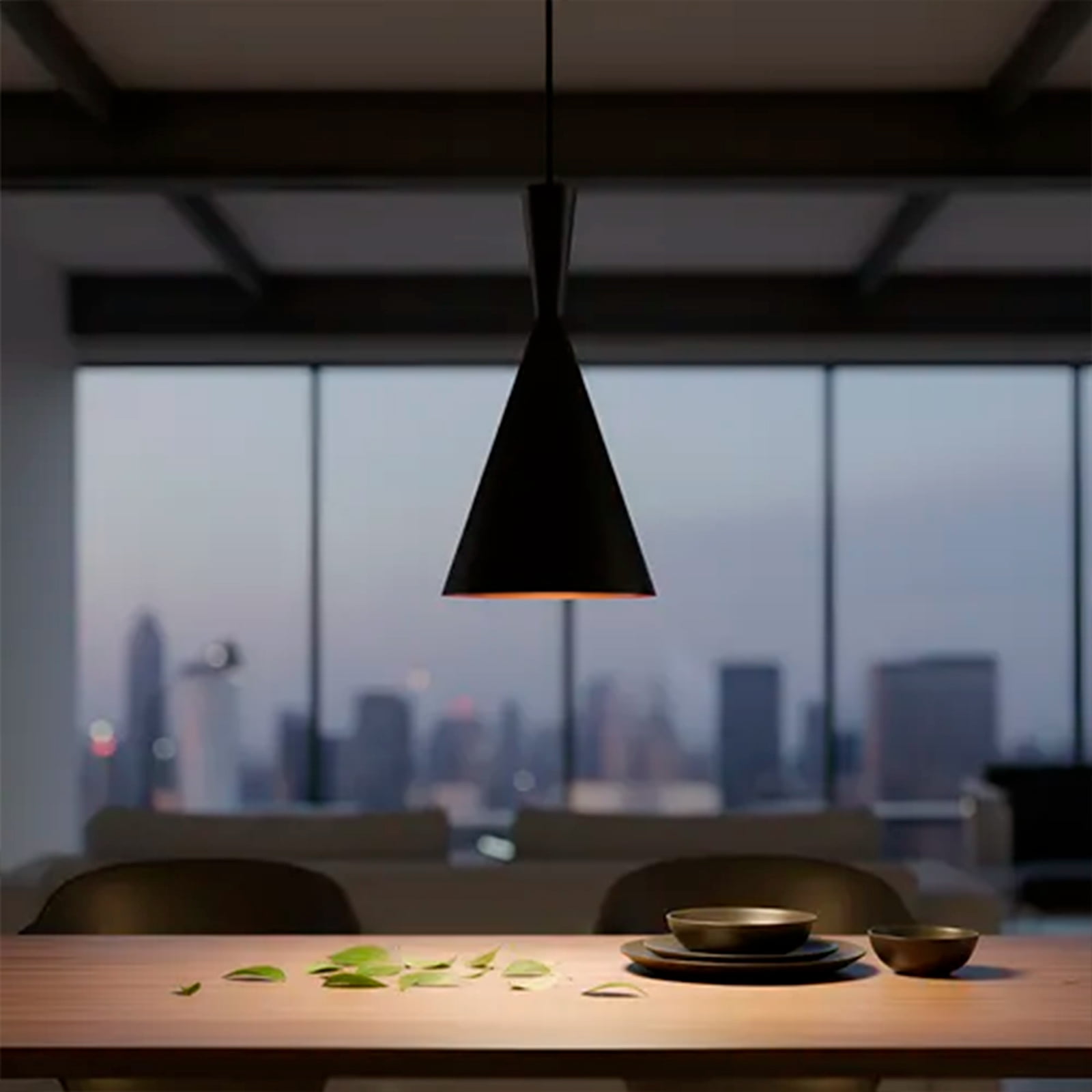 Heavenly Collections | Suspension Cône Sablier Moderne - Luminaire Noir Mat Style Mid-Century avec Intérieur en Feuille d'Or Martelée