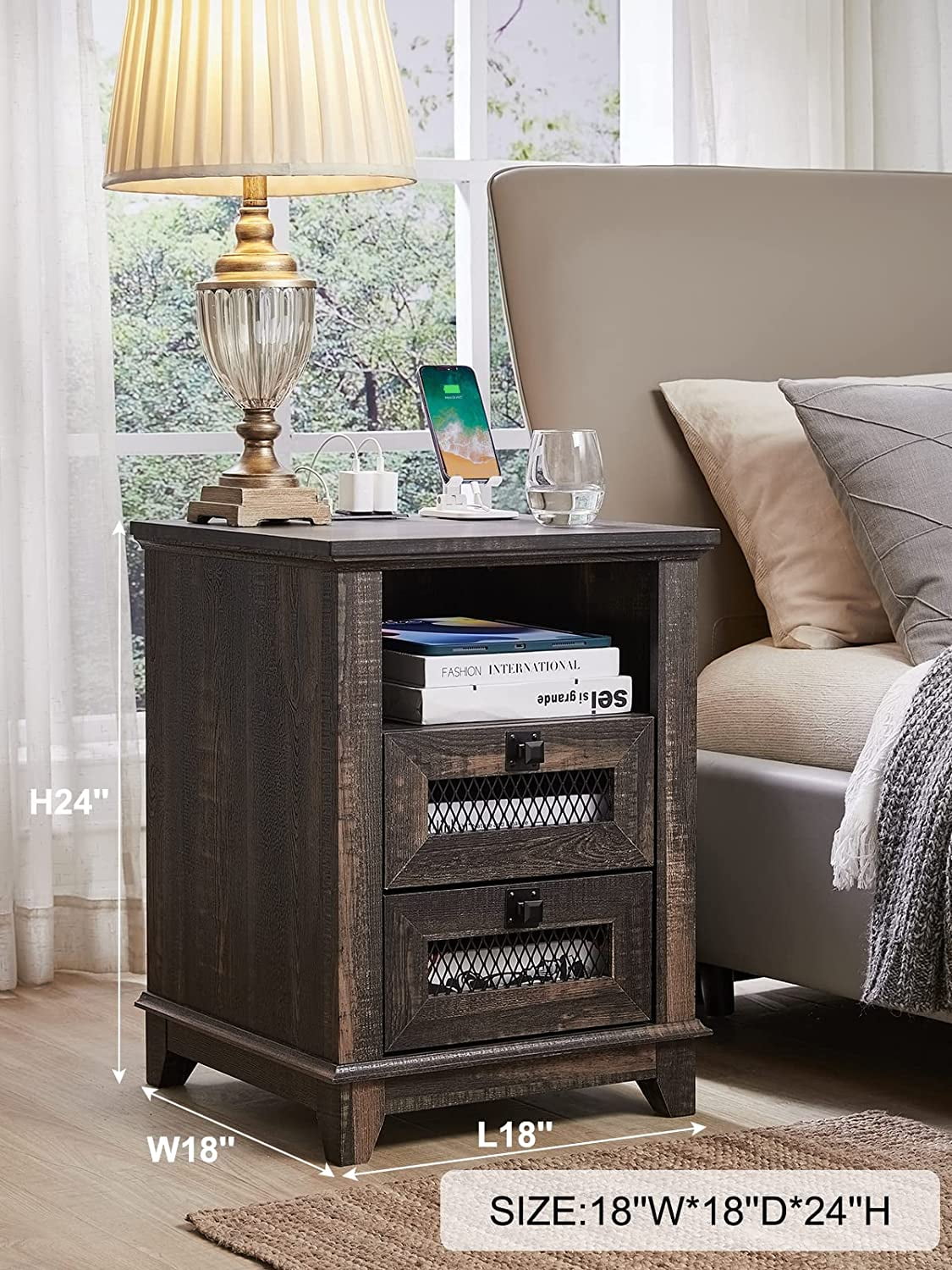 OKD 2-Drawer Wooden End Table with Charging Station for Living Room, Modern Square Nightstand, Dark Rustic Oak