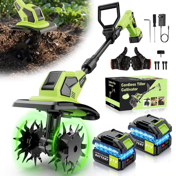 Fovendi 21V Cordless Tiller Cultivator, 360RPM Electric Garden Tiller, with 2 * 3.0Ah Batteries & Charger, 9In Tilling Width and 6.7In Depth Garden Rototiller for Lawn/Gardening/Soil Cultivation