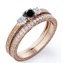 JeenMata Past Present Future 1.75 Carat Round Cut Lab Grown Black Diamond and Moissanite Art-Deco Edwardian Cathedral Wedding Ring Set in 18K Rose Gold Plating over Silver