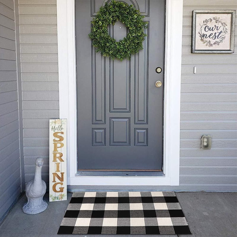 Check Rug Door Mat,Cotton Buffalo Plaid Doormat Black and White