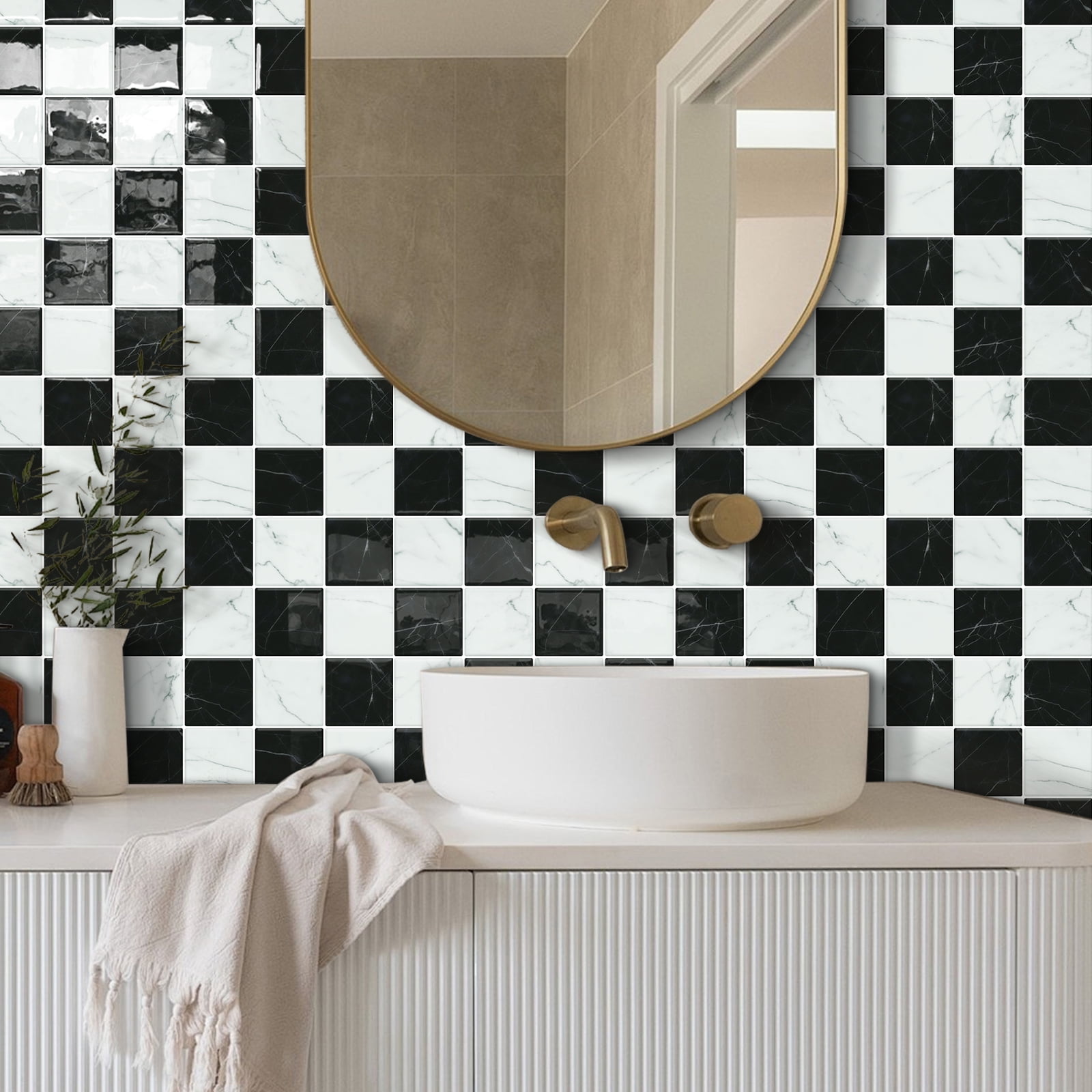 DEWOO Thick Peel and Stick Backsplash Tiles Kitchen Bathroom Square Self Adhesive Wall Tile Checkerboard Checkered Stickers,Black (10-Sheet, 9"×9")