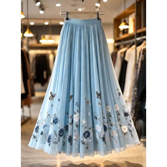 Blue Floral Butterfly Embroidered Tulle A-Line Maxi Skirt, Flowy Pleated Summer Party Skirt