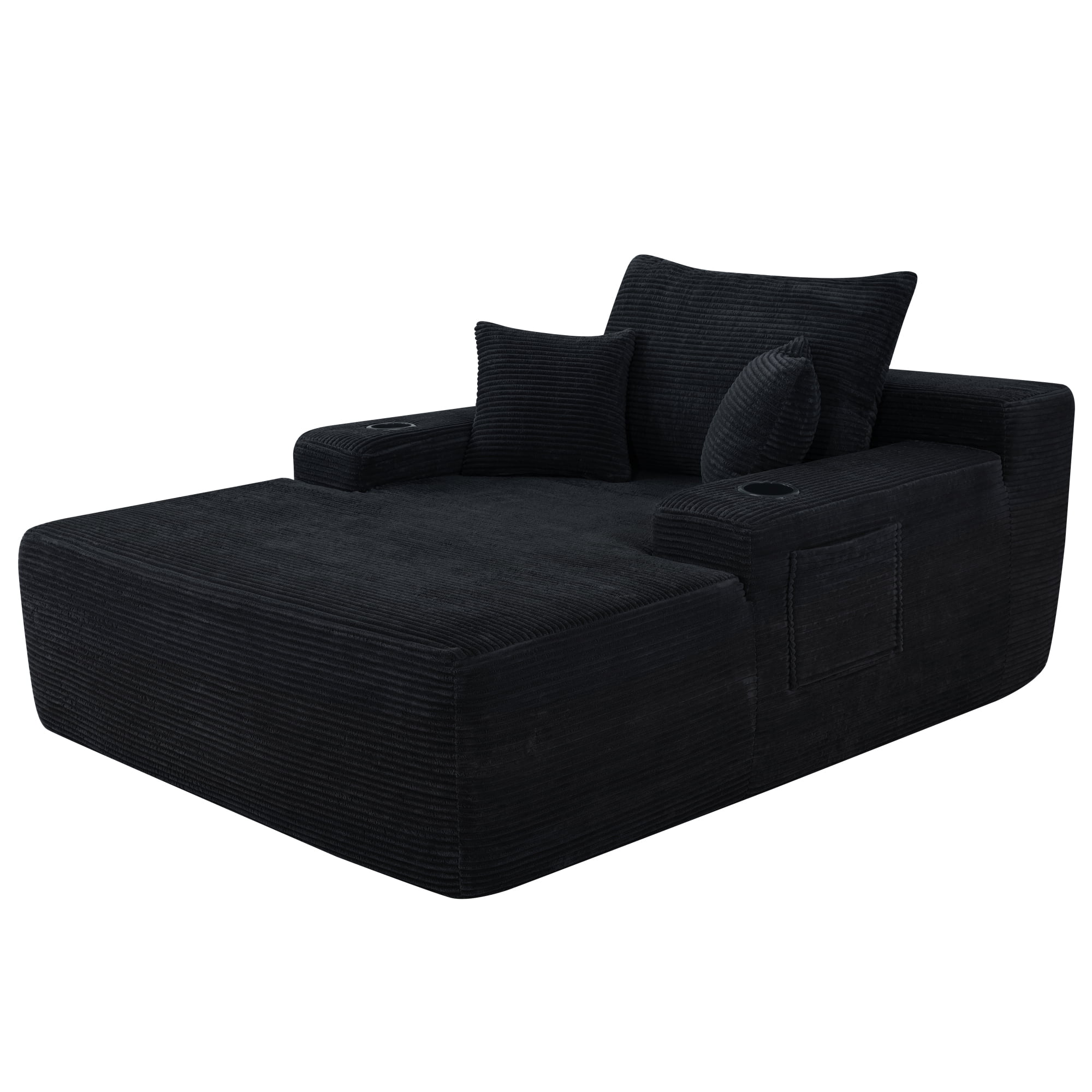 Leumius Oversized Chaise Lounge Chair Indoor,Upholstered Corduroy Cloud Couch Boneless Sofa Bed with Wide Armrest & Throw Pillows,Cup Holder for Living Room,Bedroom,No Assembly Required,Black