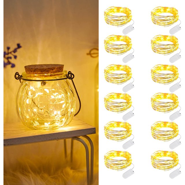 Paquete de 12 Guirnaldas de Luces con Pilas, 2m 20 LED Guirnaldas de Luces LED, Mini Guirnaldas de Luces LED Impermeables para Botellas, Bodas, Fiestas, Navidad, Dormitorios - Blanco Cálido