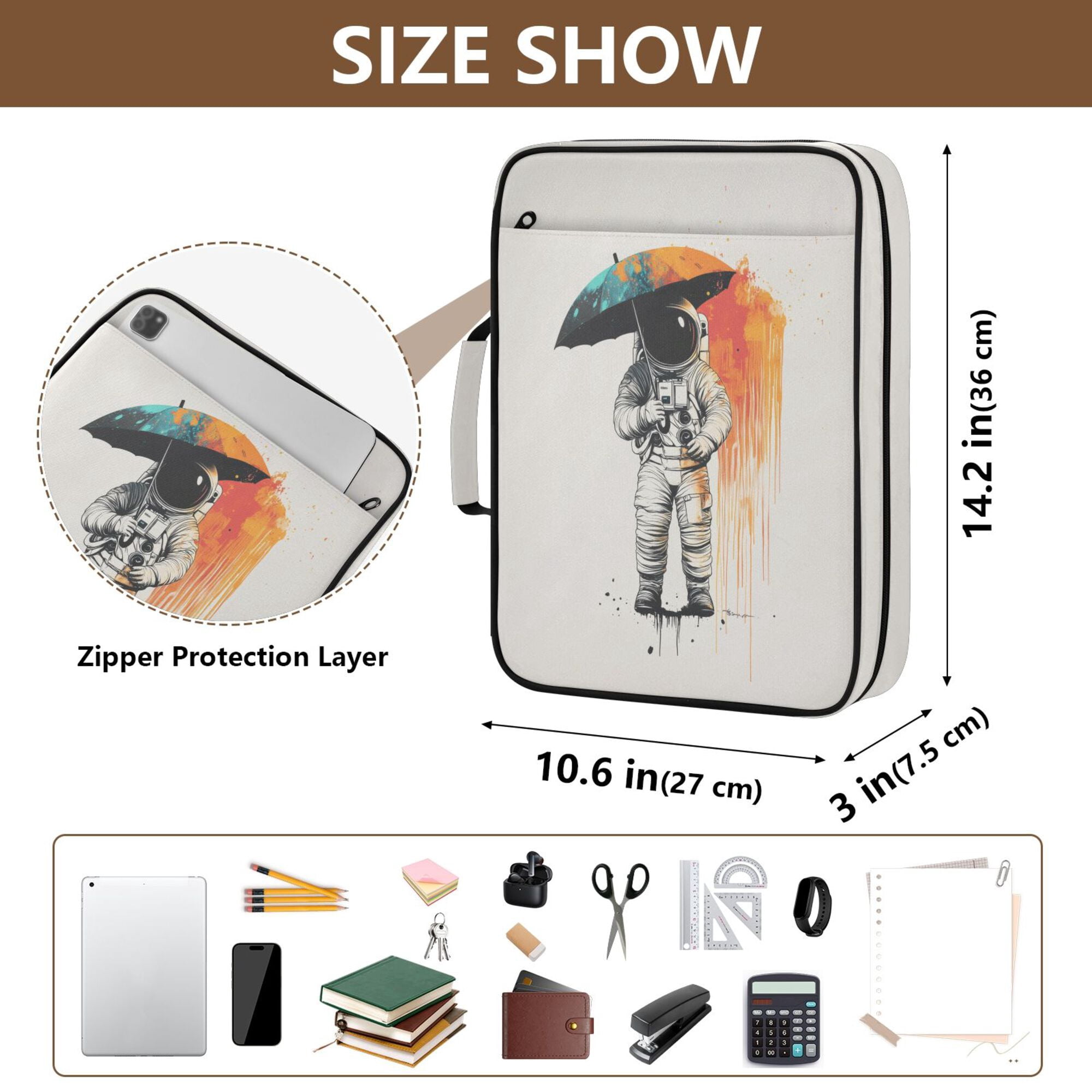 FORMRS Accordion File Folder A4 Size 7-Pocket Expanding Document Organizer Bag with 3 Ring Binder, White Astronaut
