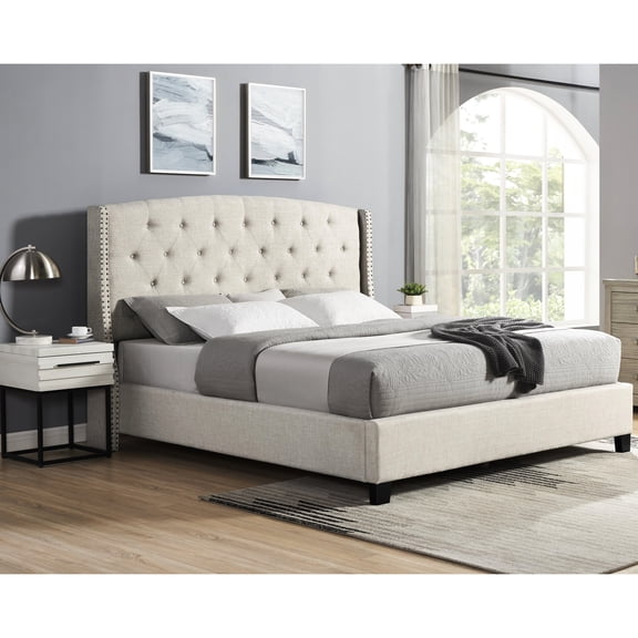 3 Upholstered Bedroom - Beige, Wingback Bed For Queen, 2 Nightstands Contemporary 3 Pieces With Queen And Elegant