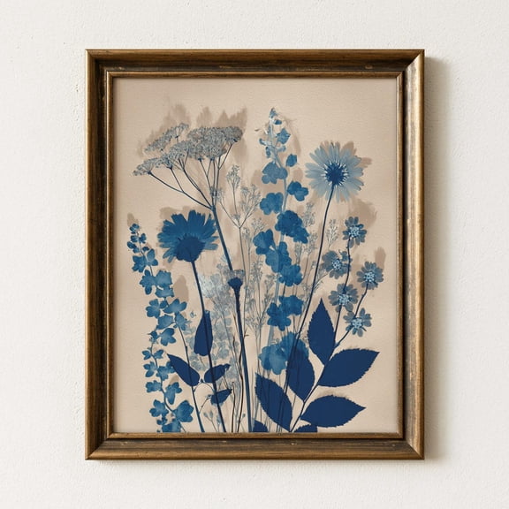 Indigo Pressed Flower Print Poster Blue Botanical Wall Art, Cottagecore Floral Decor, Minimalist Nature Artwork, Print Poster Wildflower Art 288, Size 8x12 UNFFRAMED F03.1.6l3168
