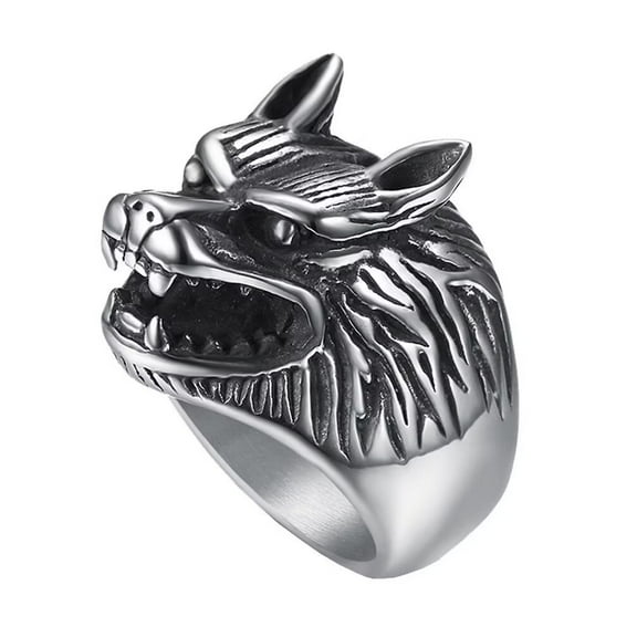 PAMTIER Men's Stainless Steel Cool Domineering Gothic Tribe Roaring Wolf Head Biker Ring Vintage Punk Band Wolf Totem Forest Werewolf Silver Size 7