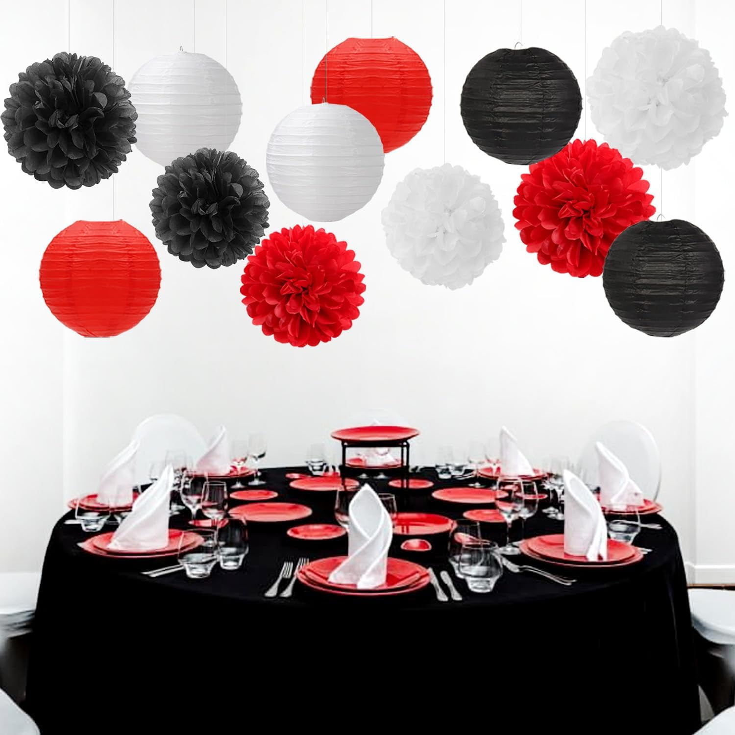 Red-Black White Party-Decorations Paper Flowers Lanterns - 15PCS Halloween Birthday Tissue Pom Poms Streamers,Wedding Baby Bridal Shower Hanging Supplies Decor