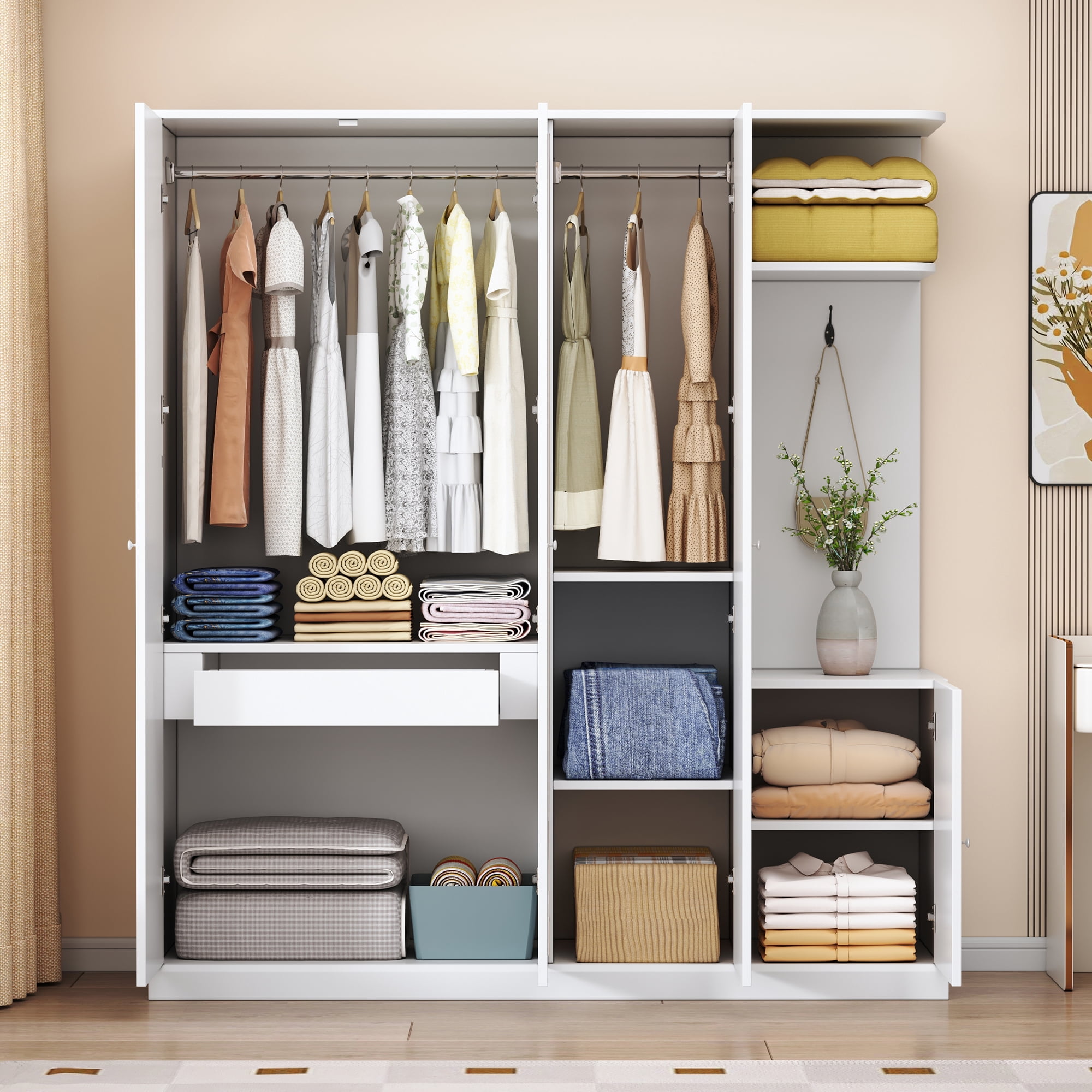 Euroco 4 Door Wardrobe with Drawers and Shelves, Wood Armoire with Mirror and Shelves, White