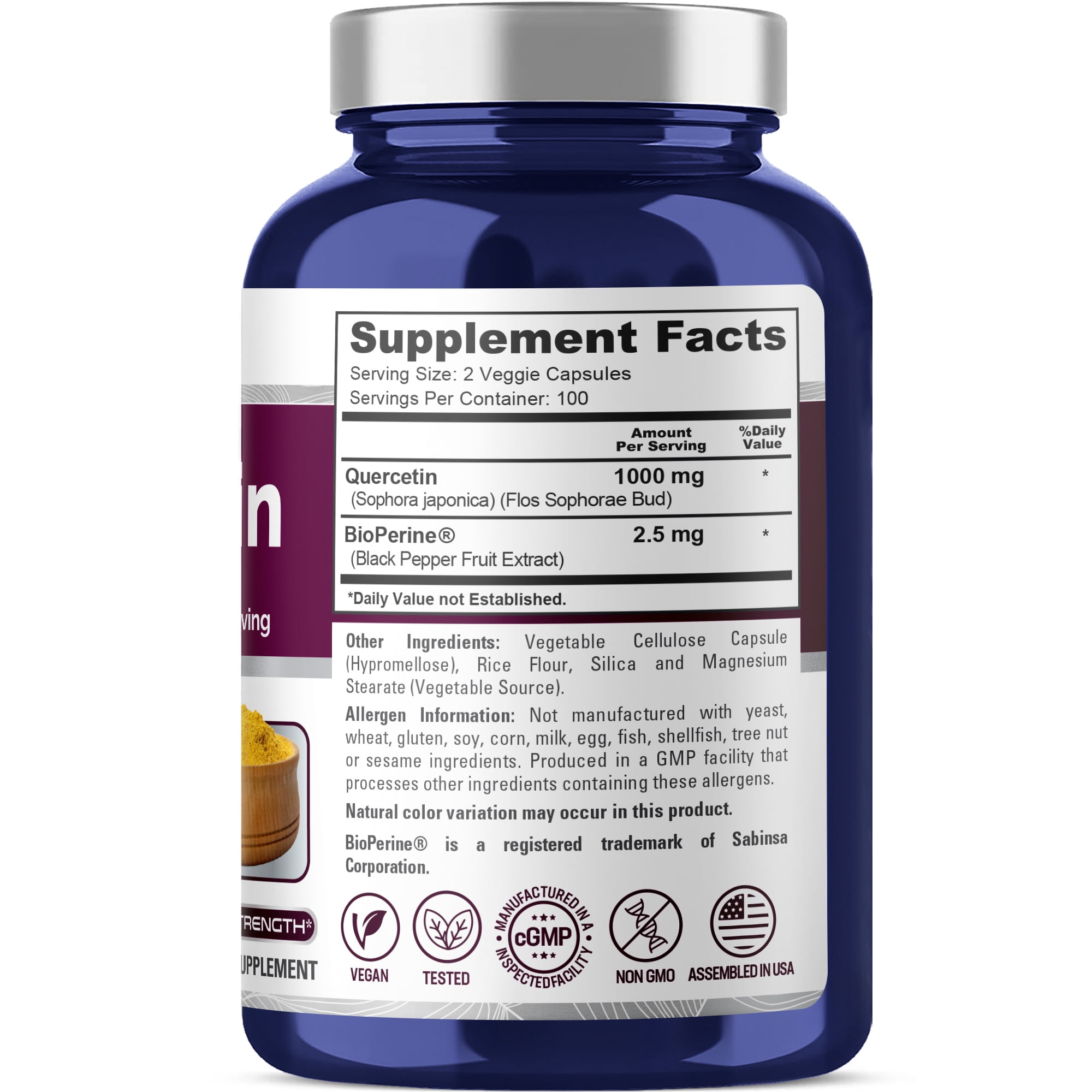 NusaPure Quercetin 1000mg - 200 Veggie Capsules, Non-GMO & Gluten-Free, Vegetarian Formula with Bioperine, Dietary Supplement for Unisex Adult Health & Wellness