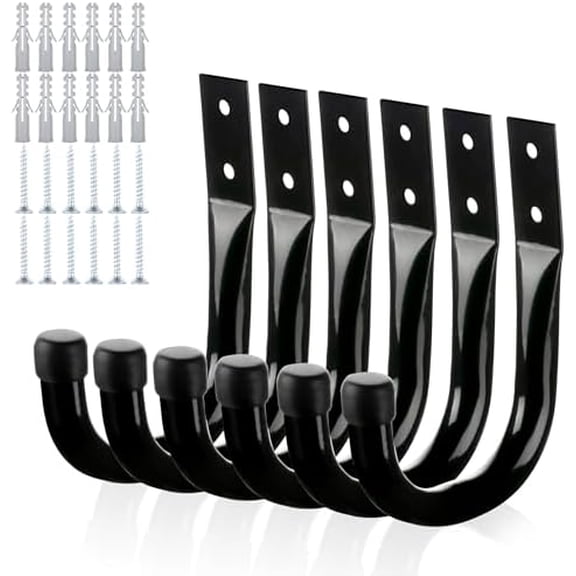 Metal Wall Hooks for Hanging Heavy Duty, 6Pcs Garage Organization and Storage Hook for Extension Cord Tool Coat Backpack Bag, Large Utility J Hooks, Black Wall Mount Hanges for Outdoor Indoor