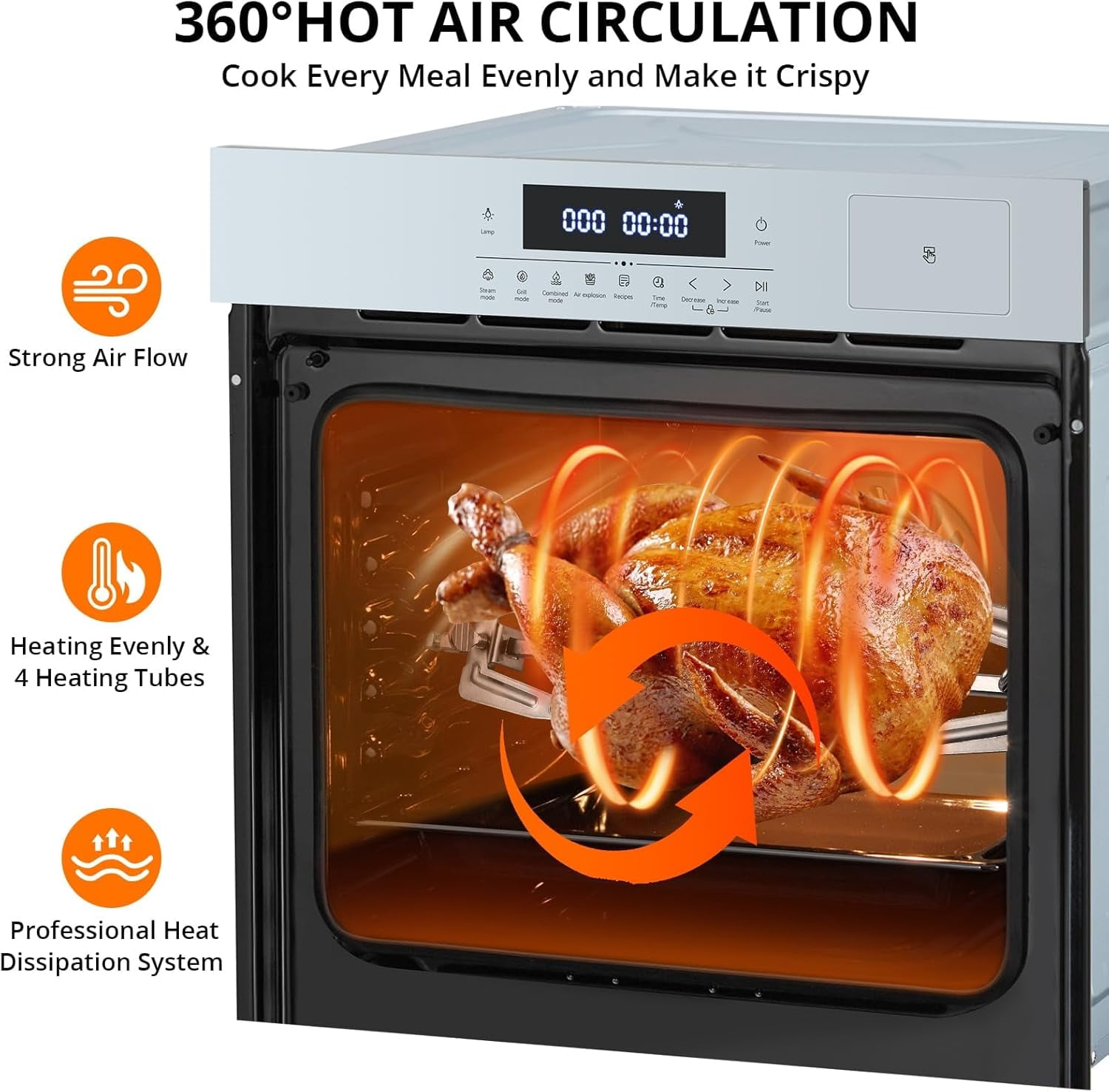 24" Single Wall Oven, 2.5 Cu.ft Built-in Timer-Convection Electric Wall Oven with 8 Baking Modes, 3000W, 240V, Stainless Steel, 3D Surround Heating, Timer, Touch Control, Safety Lock, Silver