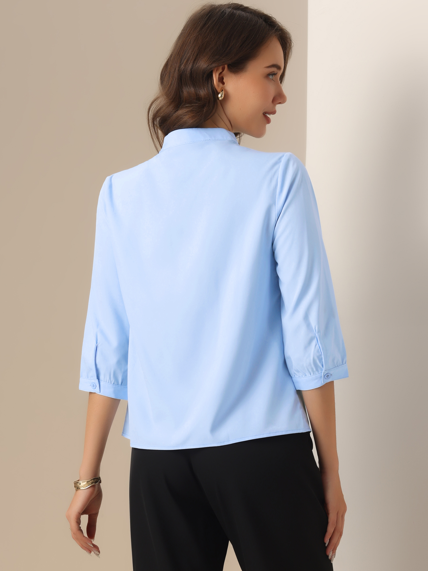 DARING DIVA Women's Stand Collar Ruched 3/4 Sleeve Blouses S Blue