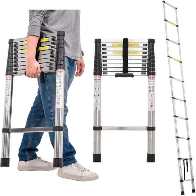 Escalera Telescópica de 3.8 Metros 10 Escalones Escalera Recta de Aluminio Soporta 150 kg Plegable De retracción Multiusos Extensible Compacta y Portátil Bloqueo De Escalón
