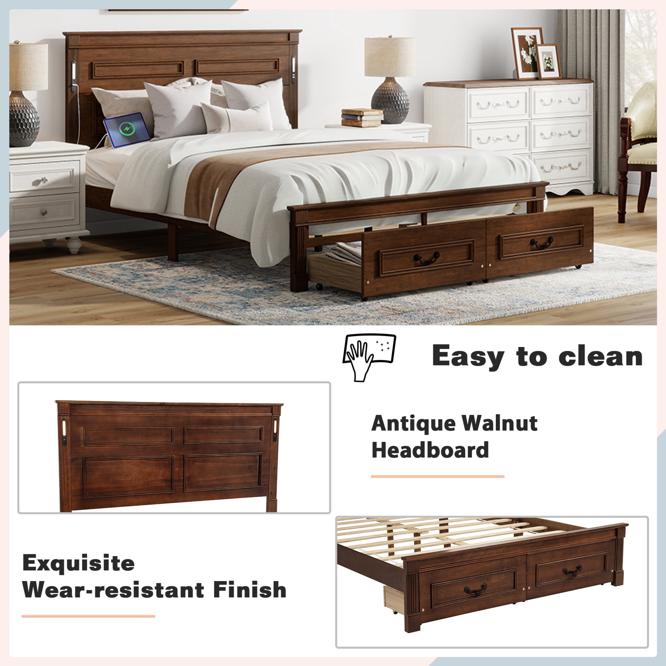 Noble House Corneille Queen Farmhouse Bed with LED Headboard, USB Charging Station, Storage Drawers, Pine Wood, Walnut