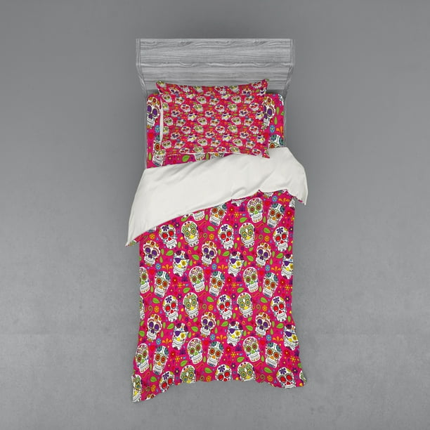 Sugar Skull Duvet Cover Set Colorful Skulls Leaves Motifs Pirate Cemetery Graveyard Traditional Bedding Set With Shams And Fitted Sheet 3 Sizes By Ambesonne Walmart Com Walmart Com