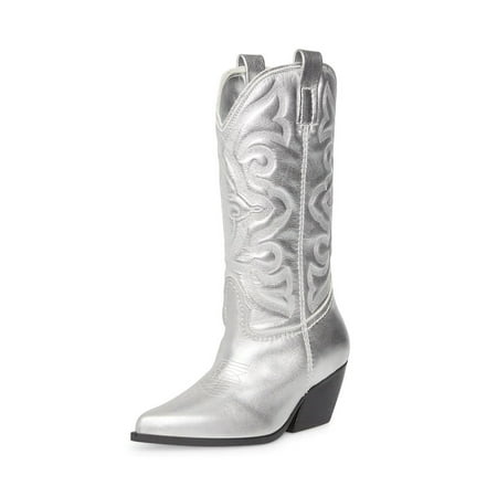 

Steve Madden West Silver Leather Pull On Pointed Toe Block Heel Western Boots (47 9)