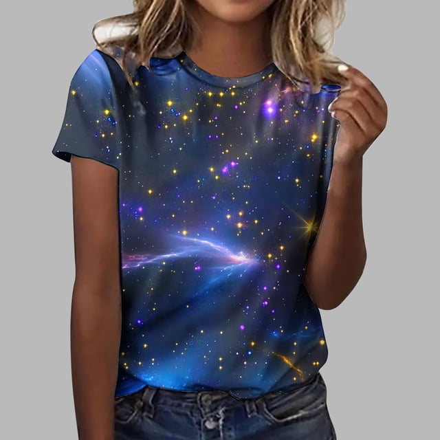 UPPADA T-Shirts d'Été pour Femmes à Imprimé Graphique, Col Ras du Cou, Décontractés, Manches Courtes, Coupe Ample, Chandails à Enfiler, Hauts Mode pour Vacances à la Plage, Blouses Multicolores, L