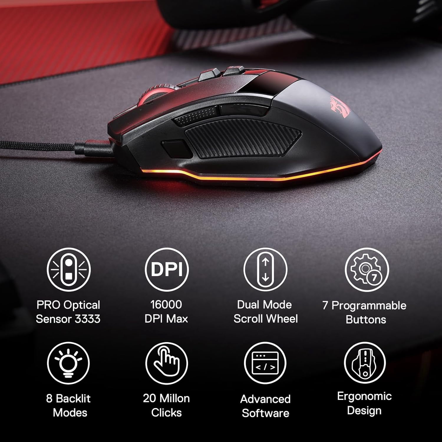 Redragon M813 Wired RGB Gaming Mouse with 4D Dual Mode Scroll Wheel, Optical Ergonomic Gamer Mo