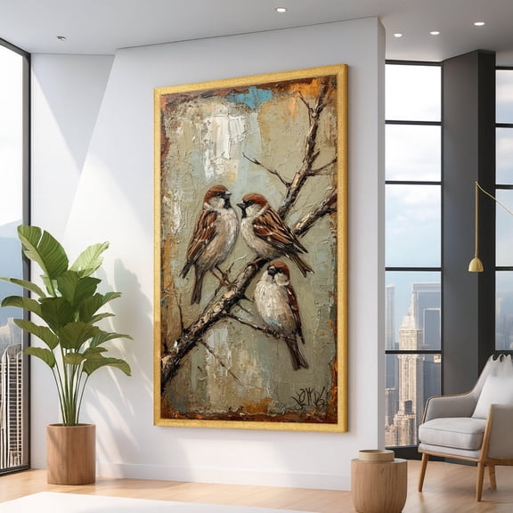 Rustic Sparrow Birds Wall Art, Nature, Branch Perch Home Decor, Wildlife Artwork On, Ready To Hang Bird Illustration UNFRAMED Poster, Wall Art for Decor, Present, 8x12