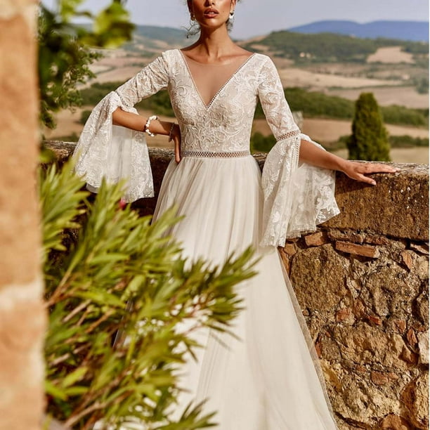 Vestido largo de fiesta de noche con falda acampanada en V y manga