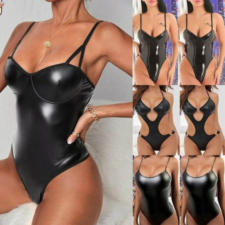 

Women Sexy PU Lingerie Faux Leather Bodycon Teddy Bodysuit Underwear Sleepwear