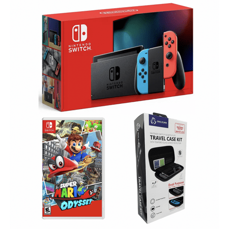 Nintendo Switch Neon Blue and Red Bundle with Super Mario Odyssey + Travel Case Kit (import with US Plug)