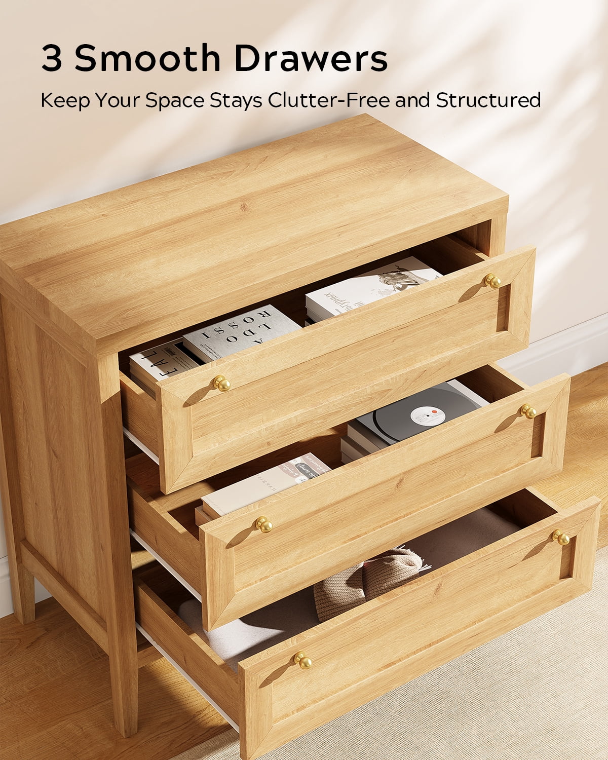 Joyyskill 3 Drawer Dresser, Modern Chest of Drawers Storage Cabinet with Golden Handles, Wood Nightstand End Table, Natural Oak