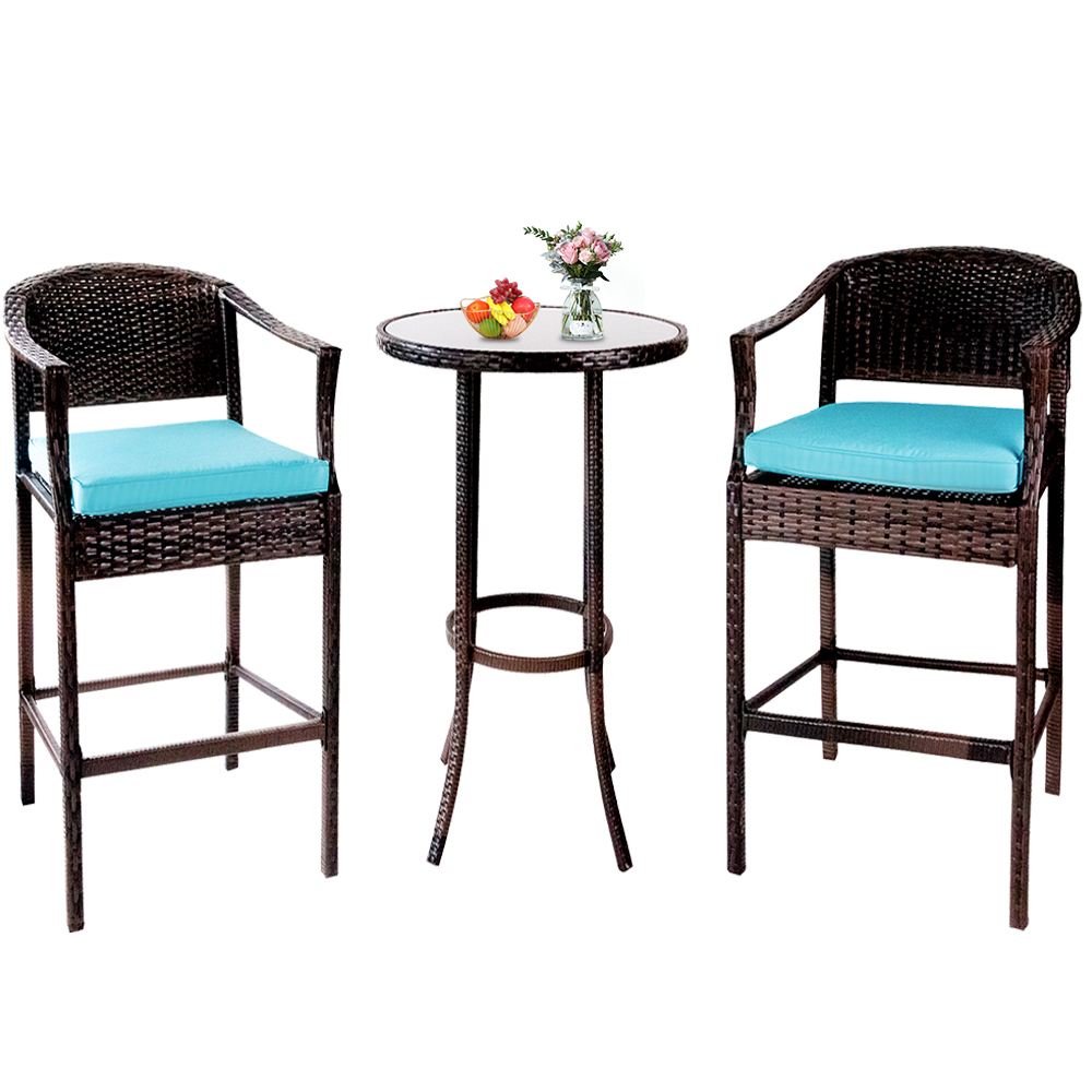 uhomepro 3PCS Patio Rattan Wicker Bar Table Chairs Dining Set Cushioned