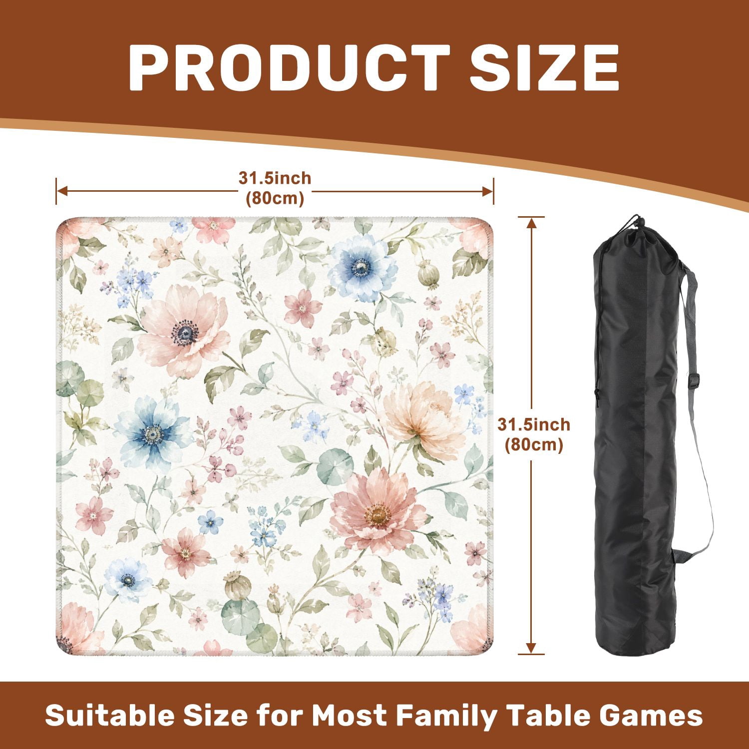 Mahjong Mat 31.5" x 31.5" Pastel Watercolor Floral Blue Blush Pink Flowers White Non-Slip Noise Reduction American Mahjong Tiles Table Cover for Dominoes Poker Card Board Games Gift